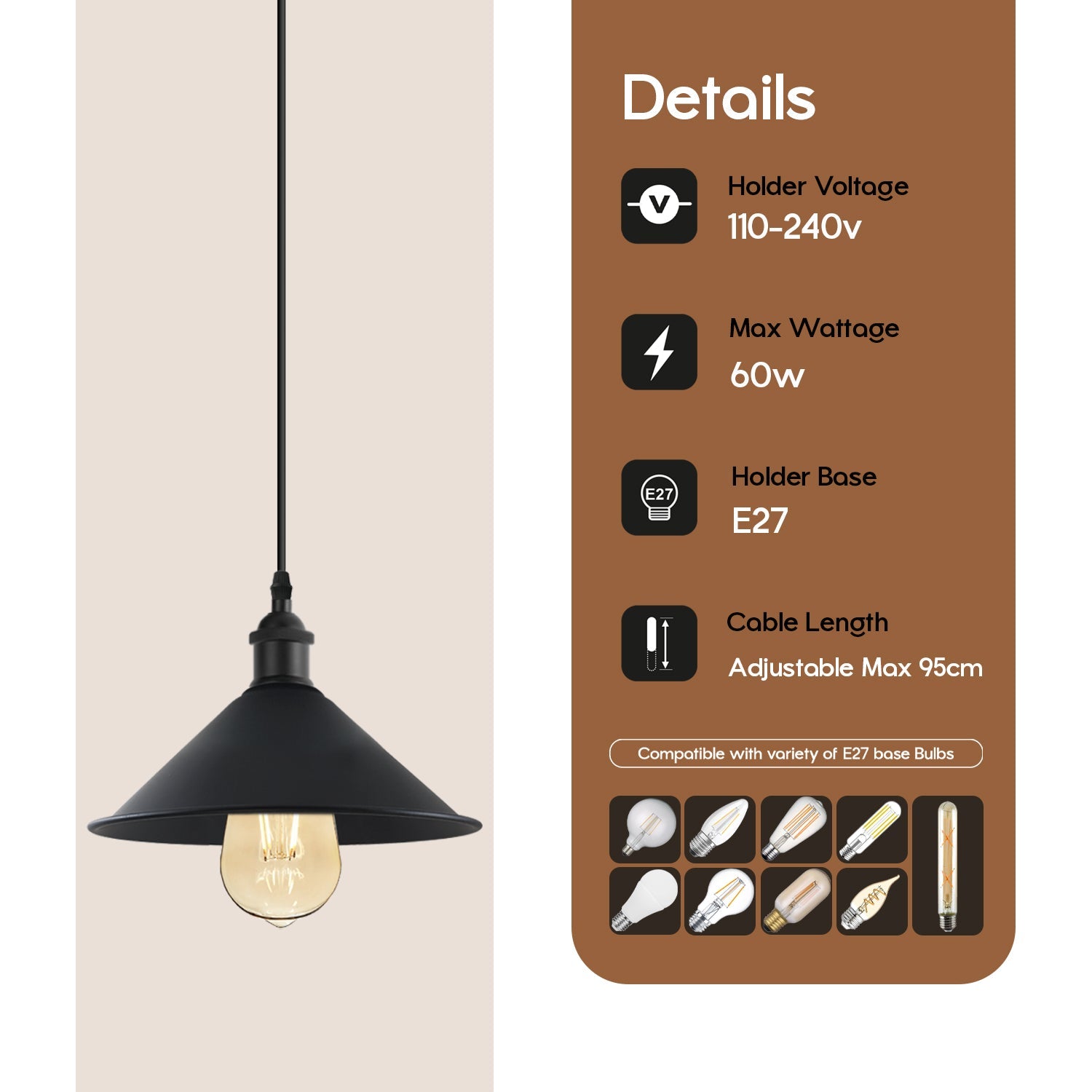 Black Metal Cone Shade Pendant Light Fixture~3393