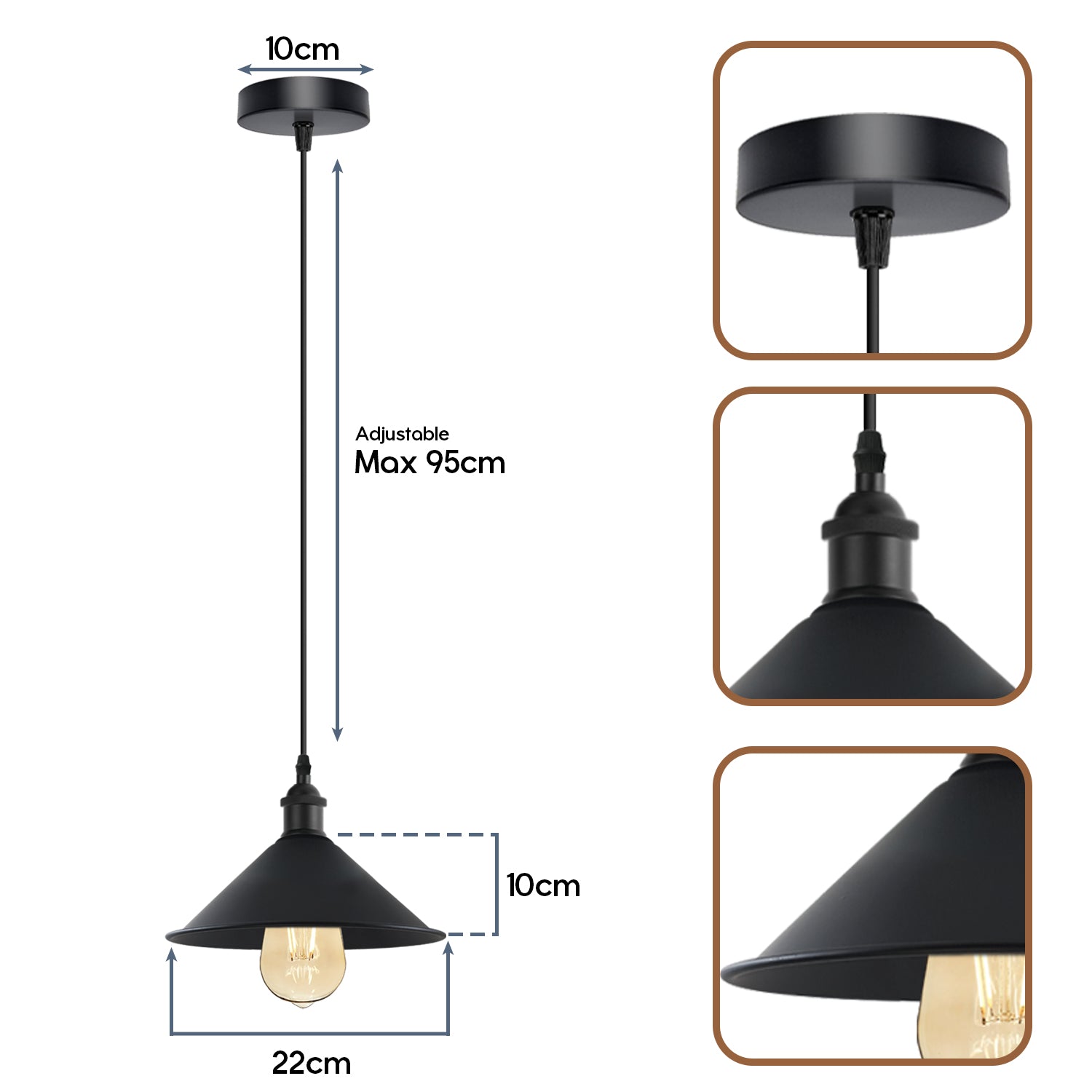 Black Metal Cone Shade Pendant Light Fixture~3393