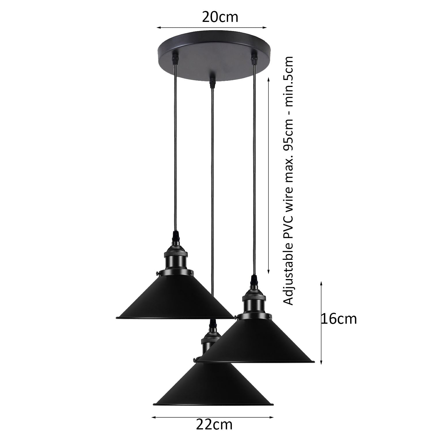 Black Metal Cone Shade Pendant Light Fixture~3393