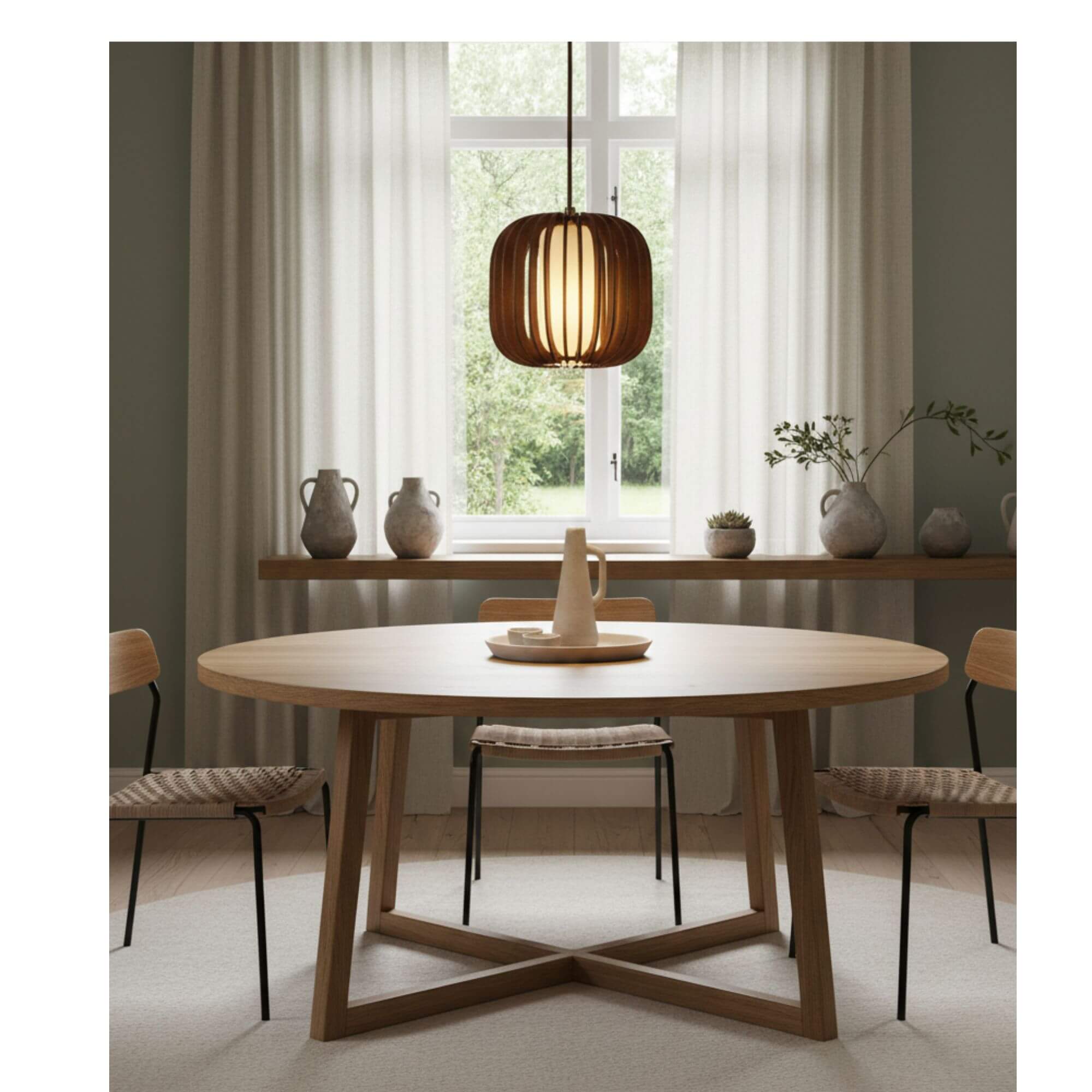 Suspension bois naturel à lames courbes salle à manger