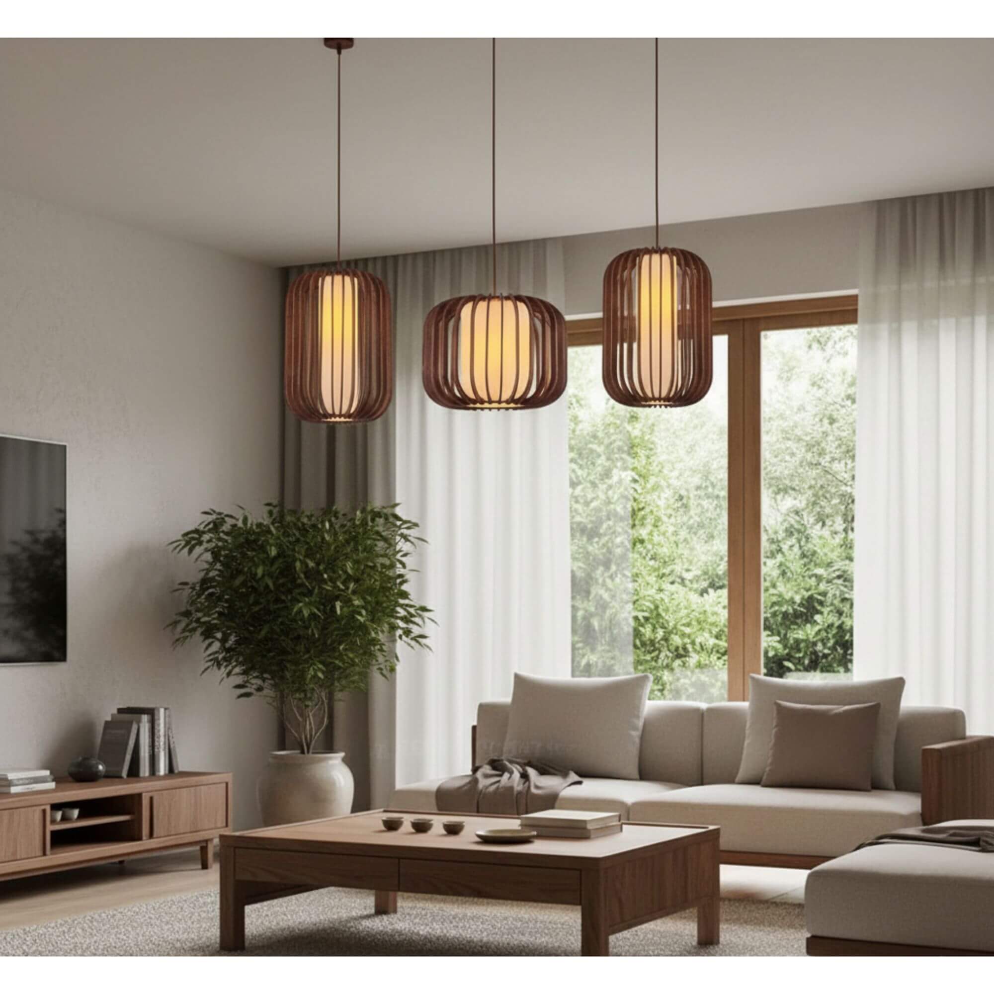 Suspension bois naturel à lames courbes salon