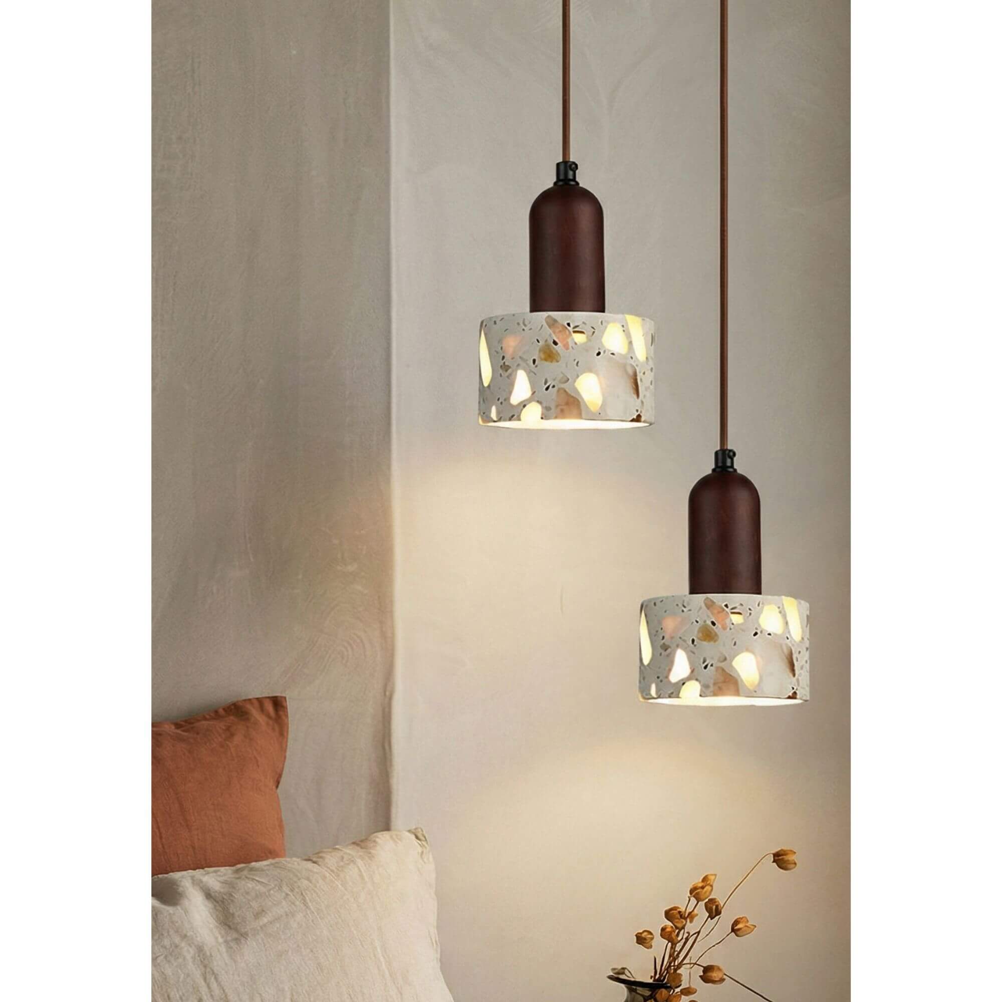 Suspension en Pierre Terrazzo cylindre allumé